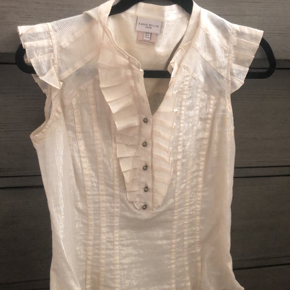 Karen Millen designer blouse with gold threading, ruffle cap sleeves, ruffles